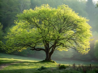 Majestic green tree bathed in golden sunlight on a hillside