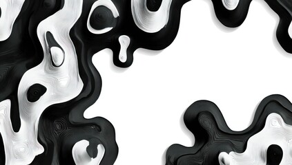 Abstract organic shapes in white and black undulate and flow, with layered contours and depth, set against a blank white space
