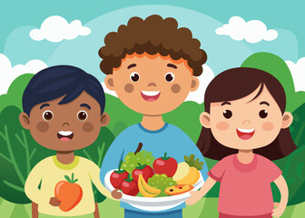 Happy Kids Healthy Food Illustration