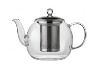 Glass teapot with built-in stainless steel infuser and lid, elegant kitchenware for brewing tea with modern transparent design on black background