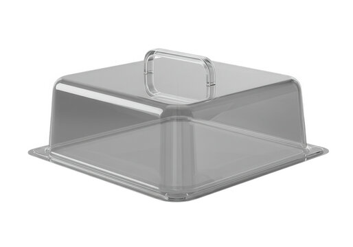 Clear plastic food cover with handle on black background, protective kitchen accessory for cakes, pastries, or baked goods in stylish, transparent design