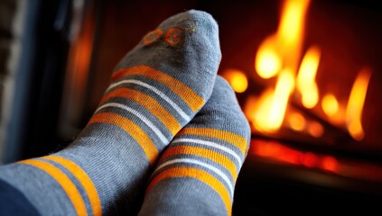 Cozy Fireplace Scene. Feet in striped socks are relaxed in front of a warm, blurred fireplace, suggesting comfort and relaxation on a cold day. Warm tones and blurred background