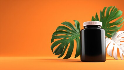Sleek black bottle against vibrant orange, framed by two monstera leaves (one green, one white). Clean studio setup with strong focus