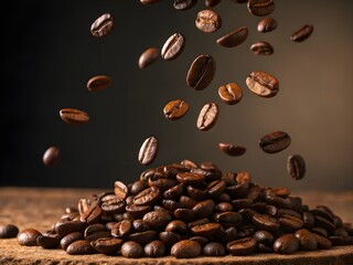 Roasted coffee beans falling and piled on a wooden surface