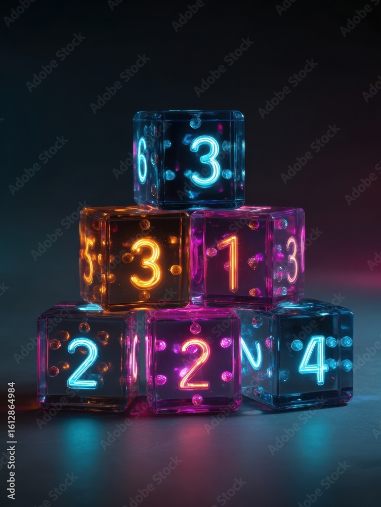 Poster neon dice arranged as a countdown timer with a clear display at the bottom showcasing vibrant colors