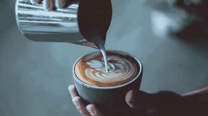 Close-up of barista’s hands as they pour a latte, focusing on the swirling milk forming a pattern on the coffee’s surface.