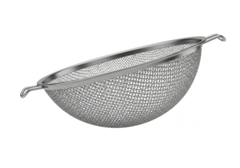 Stainless steel fine mesh strainer bowl with ergonomic handles against black background, durable kitchen tool for sifting, draining, and food preparation in professional or home kitchens