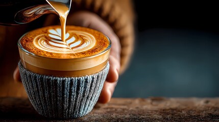 Close-up of barista’s hands as they pour a latte, focusing on the swirling milk forming a pattern on the coffee’s surface.