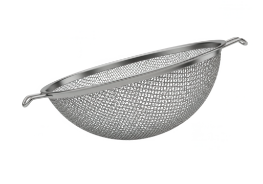 Stainless steel fine mesh strainer bowl with ergonomic handles against black background, durable kitchen tool for sifting, draining, and food preparation in professional or home kitchens