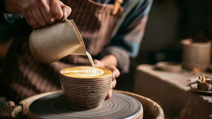 Close-up of barista’s hands as they pour a latte, focusing on the swirling milk forming a pattern on the coffee’s surface.