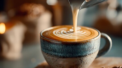Close-up of barista’s hands as they pour a latte, focusing on the swirling milk forming a pattern on the coffee’s surface.