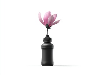 Delicate pink magnolia blossom in a sleek, matte black bottle against a white backdrop, casting a soft shadow. Minimalist composition with stark contrast
