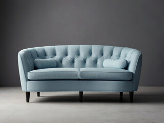 Light blue tufted sofa with bolster pillows upholstered