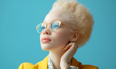 Inclusive fashion editorial portrait of a young albino businesswoman, showcasing diversity and empowerment in the workplace, Generative AI