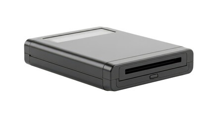 Portable black portable scanner with USB port against black background, modern electronic device for document digitization with sleek matte finish and compact design