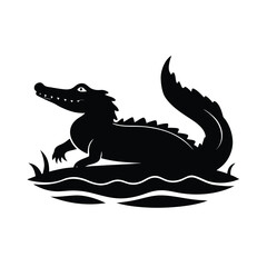 A serene crocodile silhouette resting peacefully in a river against a clean white background