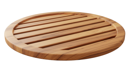 Round wooden serving tray with slatted surface on black background, natural kitchenware for serving cheese, fruits, or appetizers with rustic style