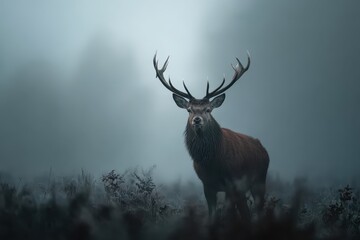 Naklejka premium Majestic red deer stag stands in misty landscape during dawn in a serene natural setting