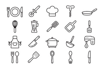 Collection of Kitchen Utensils and Cooking Equipment Icons in a Clean Line Art Style for Culinary Concepts and Designs