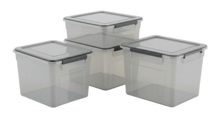 Set of three clear plastic storage containers with gray lids on black background, versatile food storage solutions for kitchen, pantry, or organization with stackable design