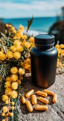 Black bottle surrounded by yellow blossoms and capsules on rough stone, with blurry ocean backdrop