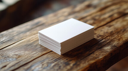Fototapeta premium White cards stacked neatly on a wooden table, close-up view