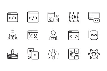 Collection of linear vector icons representing software development and design tools and processes for website and application development