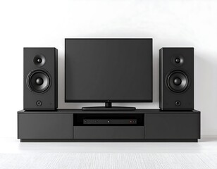 Obraz premium Black entertainment center with flat-screen TV and flanking speakers