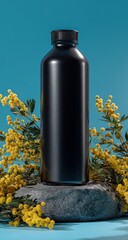 Dark cylindrical bottle atop a grey rock, surrounded by blooming yellow flowers against a light blue backdrop. Product shot with clean lines and soft lighting