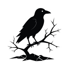 Silhouette of a crow perched on a broken branch during a storm