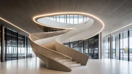 Fototapeta premium Modern, architectural spiral staircase with overhead lighting, interior space, minimalist design, contemporary structure