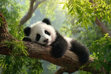 Fototapeta premium Gentle giant panda resting on a tree branch in lush green forest during warm afternoon sunlight in its natural habitat