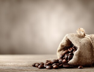 Spilled beans. A small burlap sack of coffee beans rests on a weathered wood surface, with some beans spilling out. The background is a soft, blurry sepia tone