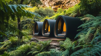 Explore modern architecture in harmony with nature. These unique futuristic cabins blend seamlessly into the lush environment. Perfect for eco-tourism retreats. Generative AI