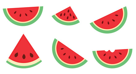 Illustration of six watermelon slices, each with red flesh, black seeds, and a green rind