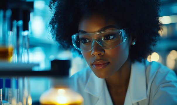 Candid image of a young Black African-American female scientist conducting research in a laboratory, promoting diversity and inclusion in the field, Generative AI
