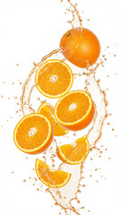 Flying Orange Slices with Juice Splash on White Background