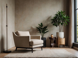 Minimalist beige armchair with potted plants floor lamp
