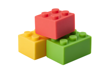 Three colorful plastic building blocks, red, yellow, and green, arranged in a triangular stack.  Rounded edges, studs on each side