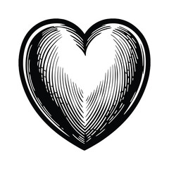 Vintage woodcut style heart illustration; black and white; romantic, classic design.