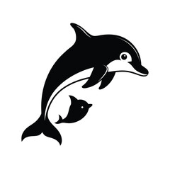 Charming dolphin family swimming together silhouette on a clean white background