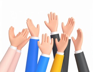 Diverse Cartoon Hands Raised in Unity Colorful Sleeves on White Background.