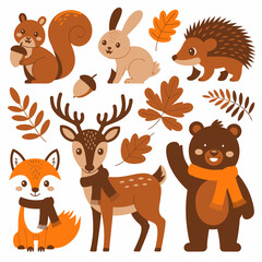 Cute Woodland Animals with Autumn Leaves Illustration
