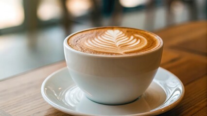 Close-up of creamy latte with leaf pattern — perfect pour in a cozy café
