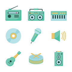 Flat Music Icon Set – Retro Radio, Boombox, Microphone, Guitar, Drum, CD, Keyboard, Speaker and Volume Symbol in Minimalist Style for Audio, Festival, Podcast, or Music App UI Design