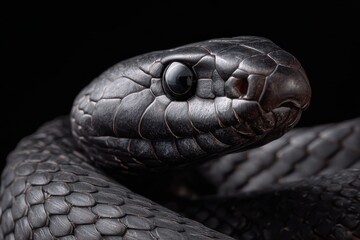 Eastern Indigo Snake coils with glistening scales in natural habitat during daylight, showcasing intricate patterns and striking coloration in a close-up view