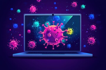 Computer screen with a virus. The image has a dark and ominous mood. Collection of computer virus detection icons System error warning on a laptop.