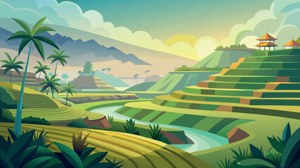 Sunrise over terraced rice fields with palm trees and distant mountains in an idyllic landscape