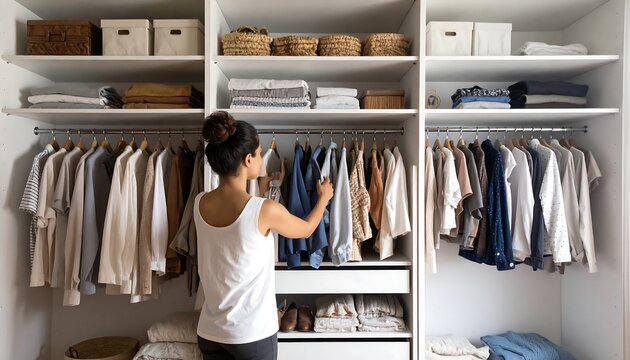Woman selecting clothes from an organized closet