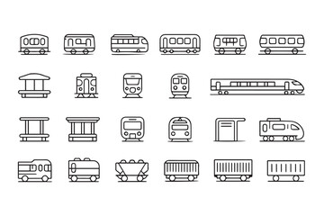 Collection of Minimalist Train Icons for Transportation Design Projects and Railroad Visuals Featuring Subway and Cargo Carriages